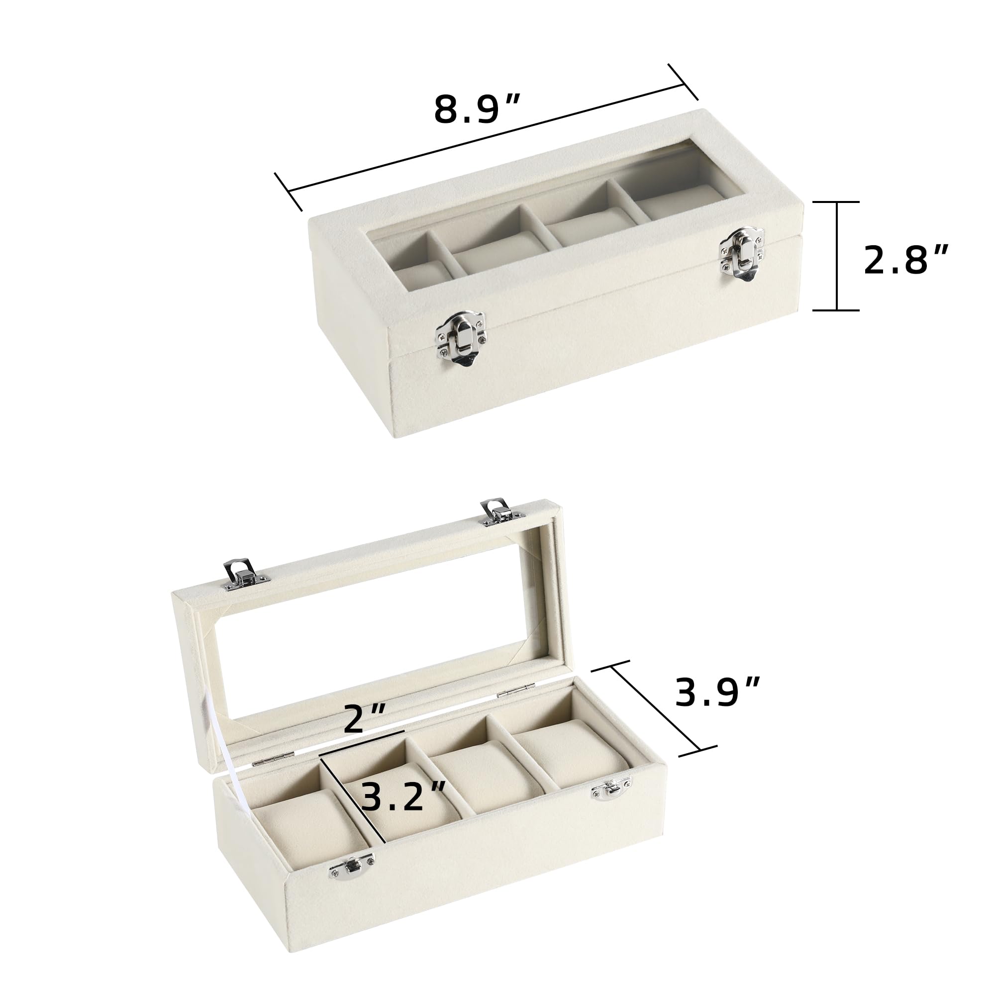 Frebeauty Caja de Reloj de 4 Ranuras con Tapa de Cristal, Organizadora de Terciopelo para Hombres y Mujeres, Almacenamiento con Cerradura, Estuche de Exhibición