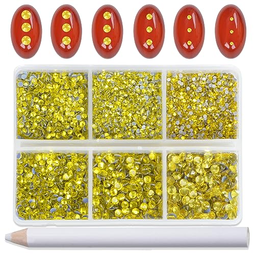 Image of Bymitel Hotfix Crystal Rhinestones Round Gems for Crafts,Mixed 6 Sizes with Wax Pencil Kit, Citrine1.3-3.2mm(SS3-SS12 /8000pcs)