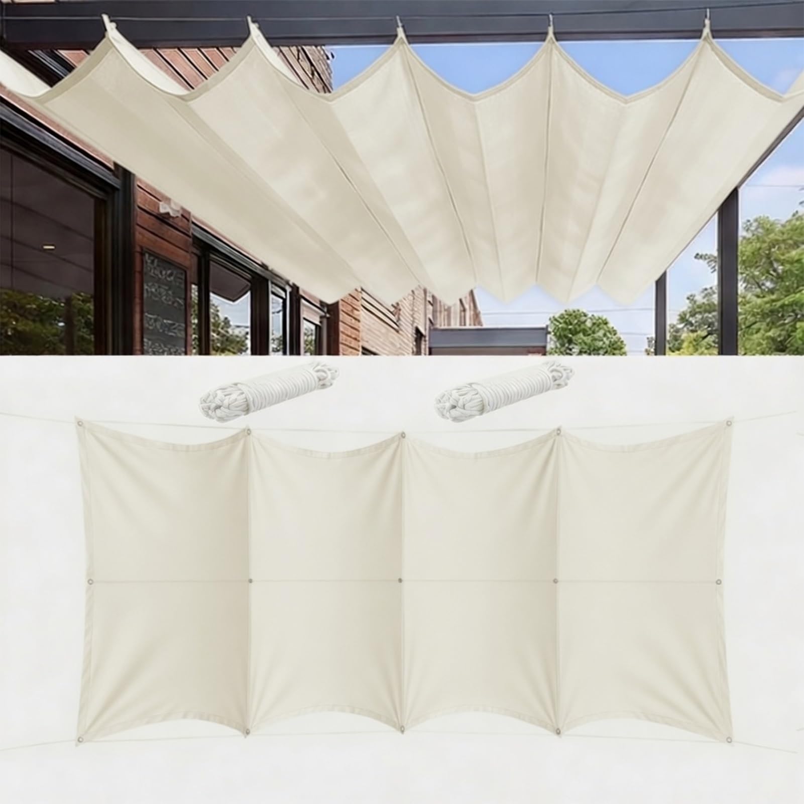 Wysuwany żagiel przeciwsłoneczny z falami 200 x 250 cm, HDPE, szyta na miarę, ochrona przed promieniowaniem UV, wodoszczelna, do ogrodu, pergoli, balkonu, tarasu, kości słoniowej