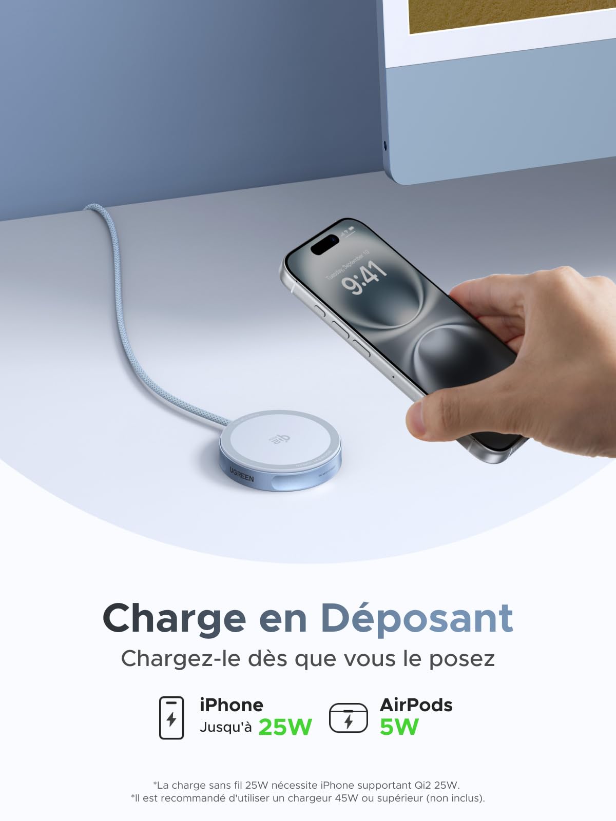 UGREEN MagFlow Qi2 25W Chargeur Induction iPhone Certifié Compatible avec MagSafe iPhone 16 15 14 13 12 Plus Pro Max AirPods 4 3 Pro 2 avec Rallonge 1.5M Chargeur sans Fil Magnétique