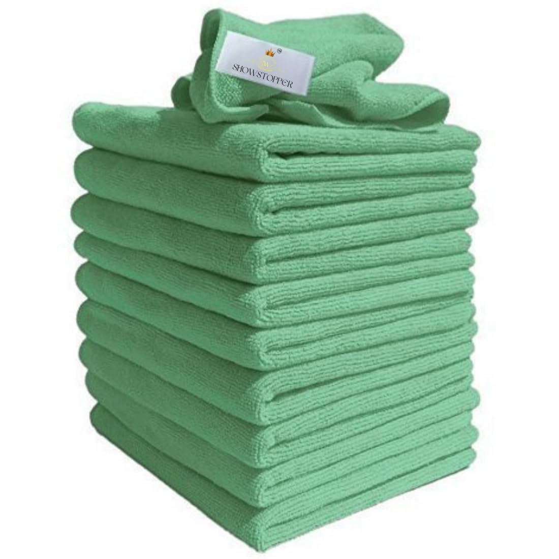 Showstopper Microfiber Cleaning Cloths for Kitchen & Home – Green, Pack of 10, 40x40cm, 250 GSM, Ultra Soft, Streak-Free, Lint-Free, Washable Kitchen Towel, Dusting Cloth and Car Cleaning Cloths