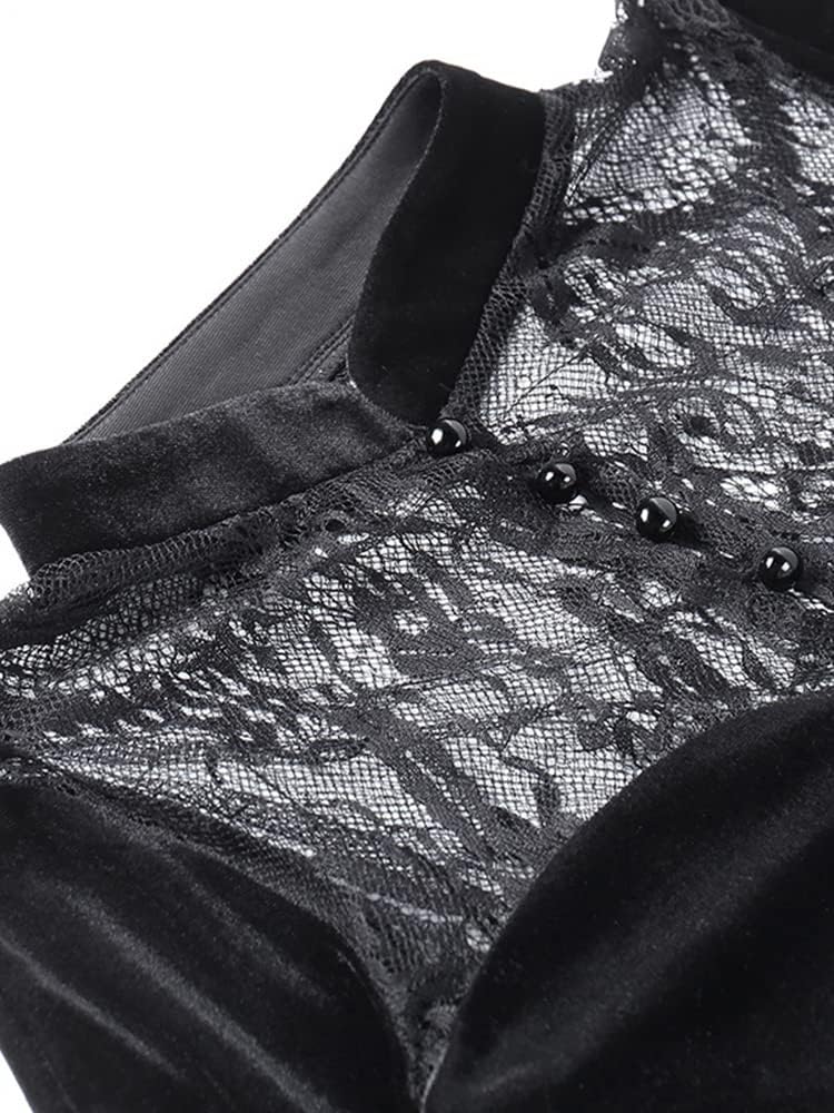 LANSHULAN Long Flare Sleeve Dress Lace Cutout Black Split Goth Vintage Dress Clothes - Image 8