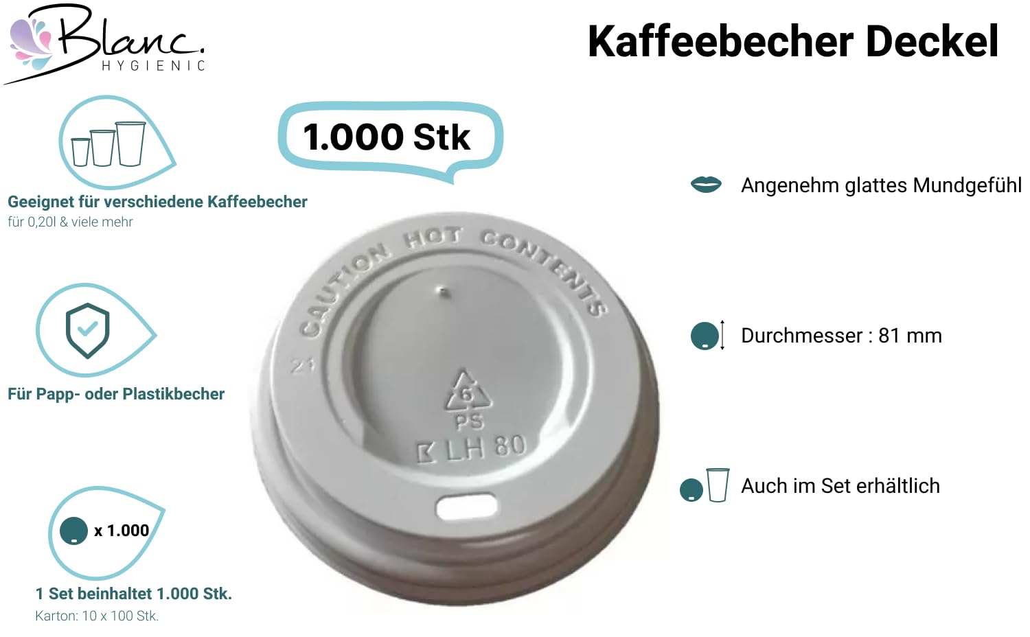 Coffee-to-go Becherdeckel Ø 81 mm Weiß, 1.000 Stück