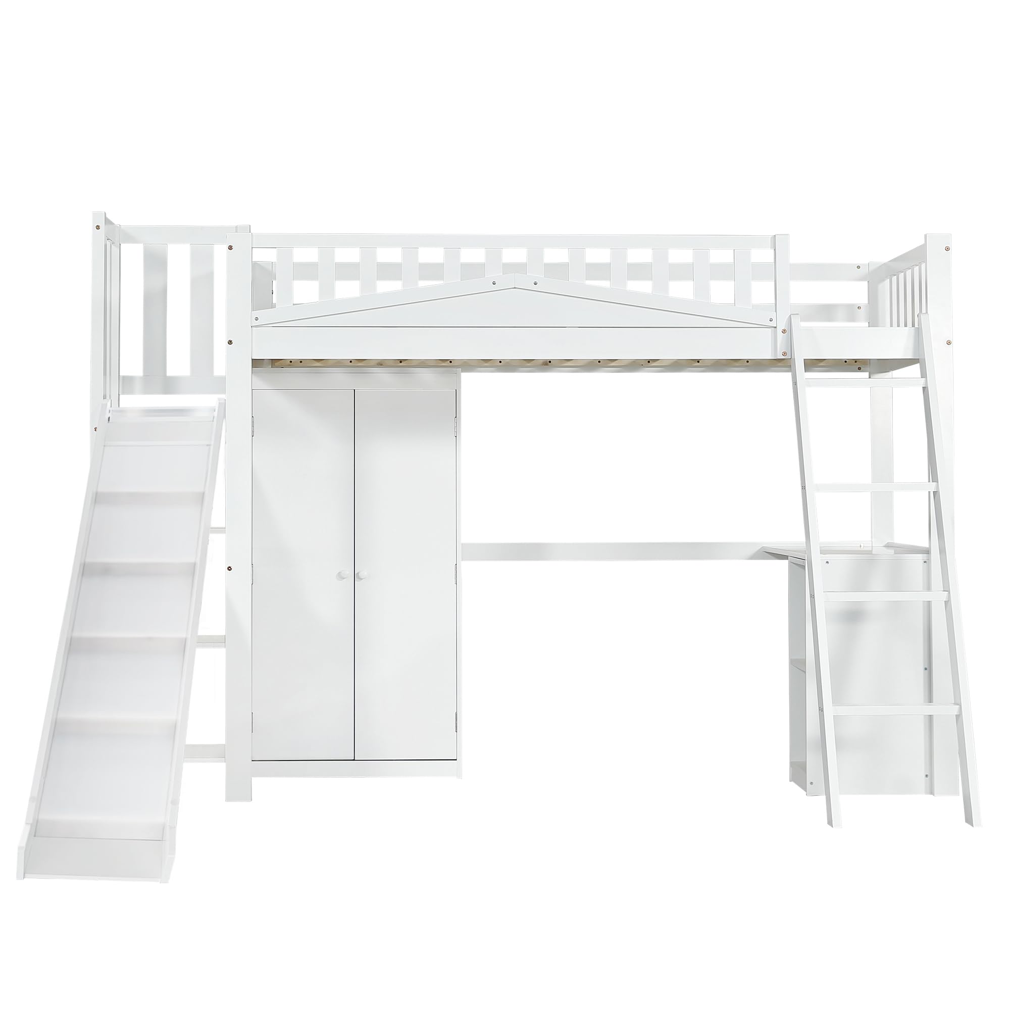 Kinderbett Etagenbett 90x200, Hochbett Hausbett mit Rutsche,Leiter,Kleiderschrank,Schreibtisch,Regale, Einzelbett Holzbett Spielbett Jugendbett mit Lattenrost&Rausfallschutz, Kiefer,Ohne Matratze,