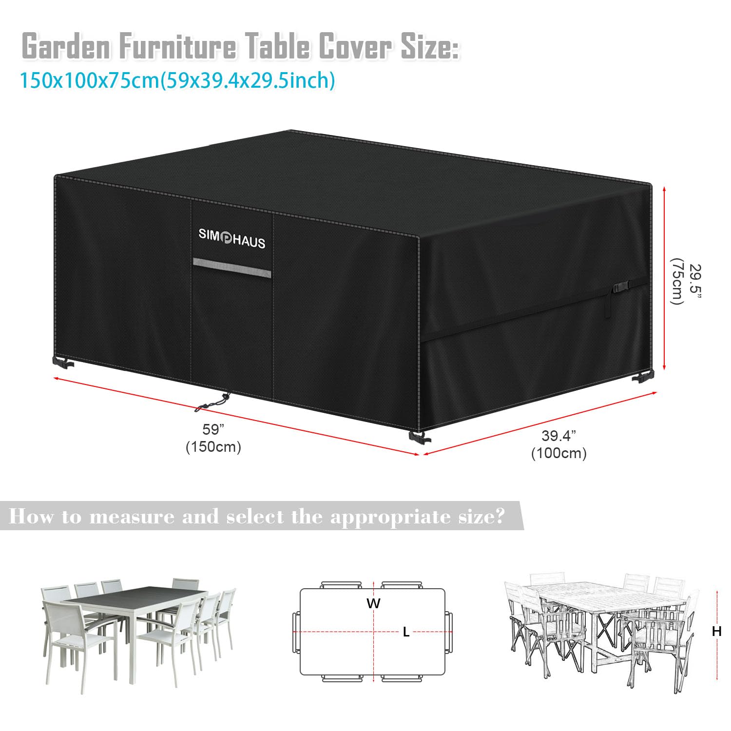 SIMPHAUS Copertura Tavolo Esterno Impermeabile,Copertura per Mobili da Giardino Panno Oxford 420D Anti-UV Telo Copri Tavolo da Esterno con Prese d'Aria Telo Copritavolo da Balcone 150x100x75cm