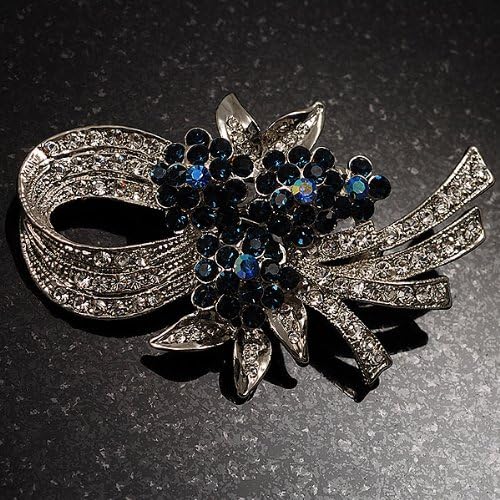Stunning Bow Corasge Crystal Brooch (Clear&Navy Blue), silver, white / ivory, blue, dark blue - Image 5