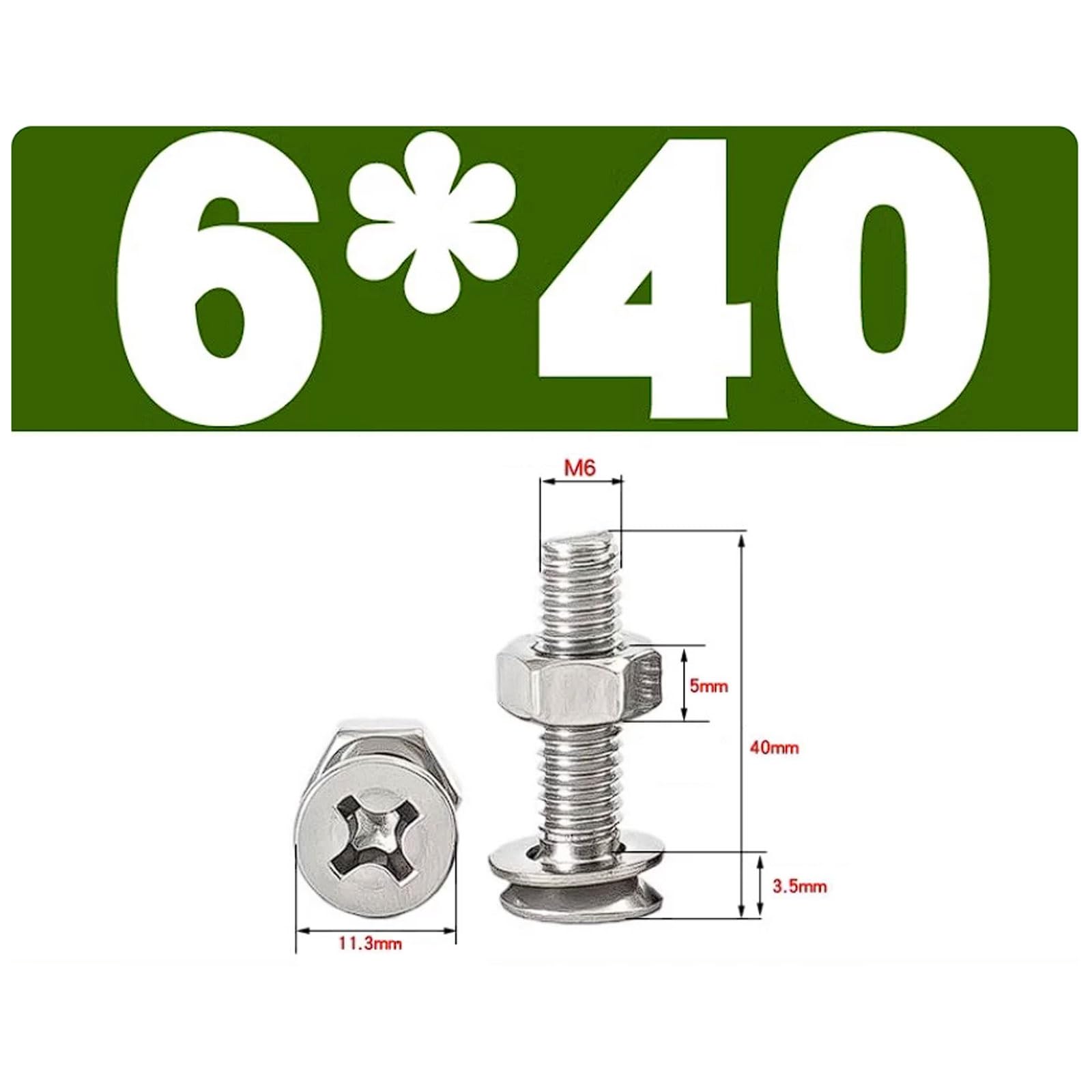 Kit de tuercas y tornillos de cabeza cruzada avellanados M6 de acero inoxidable 304 con arandelas, 50 juegos, tornillos de cabeza plana Tornillos de fijación(M6*40 (50 sets))