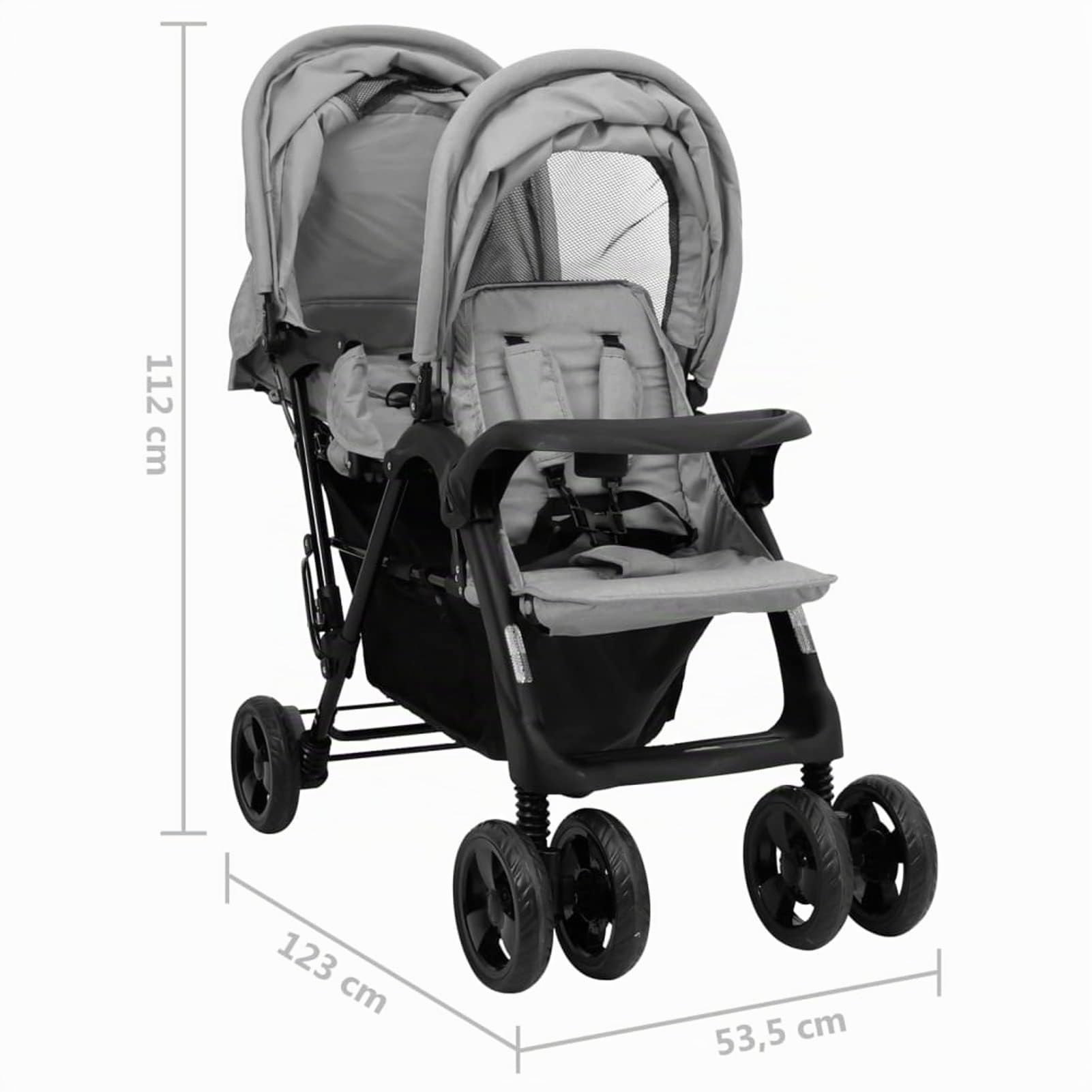 Carrito para Gemelos Tándem Cochecito de Bebé Silla de Paseo para Niños Diseño Plegable Cochecito de Gemelos Acero Gris Claro y Negro