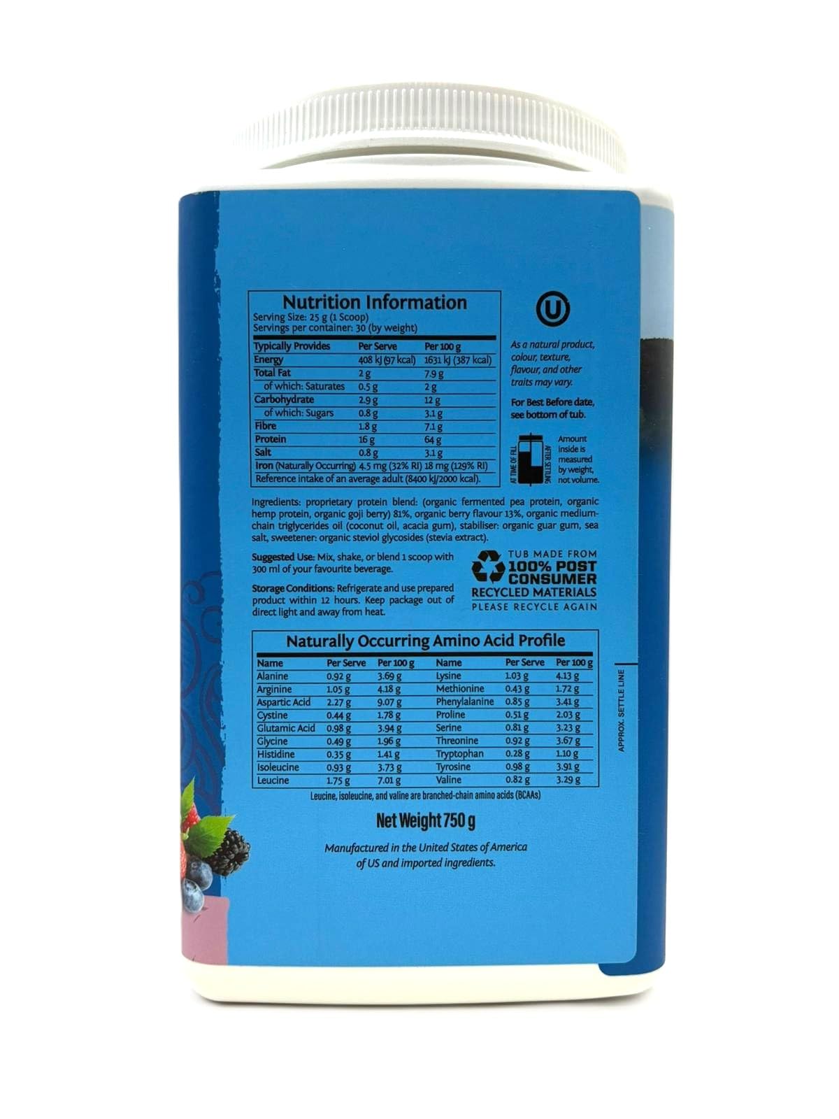 SunwariorWarrior Blend - Polvo de proteína de bayas orgánicas, sin OMG, sin gluten, sin lácteos, vegano, 750 g