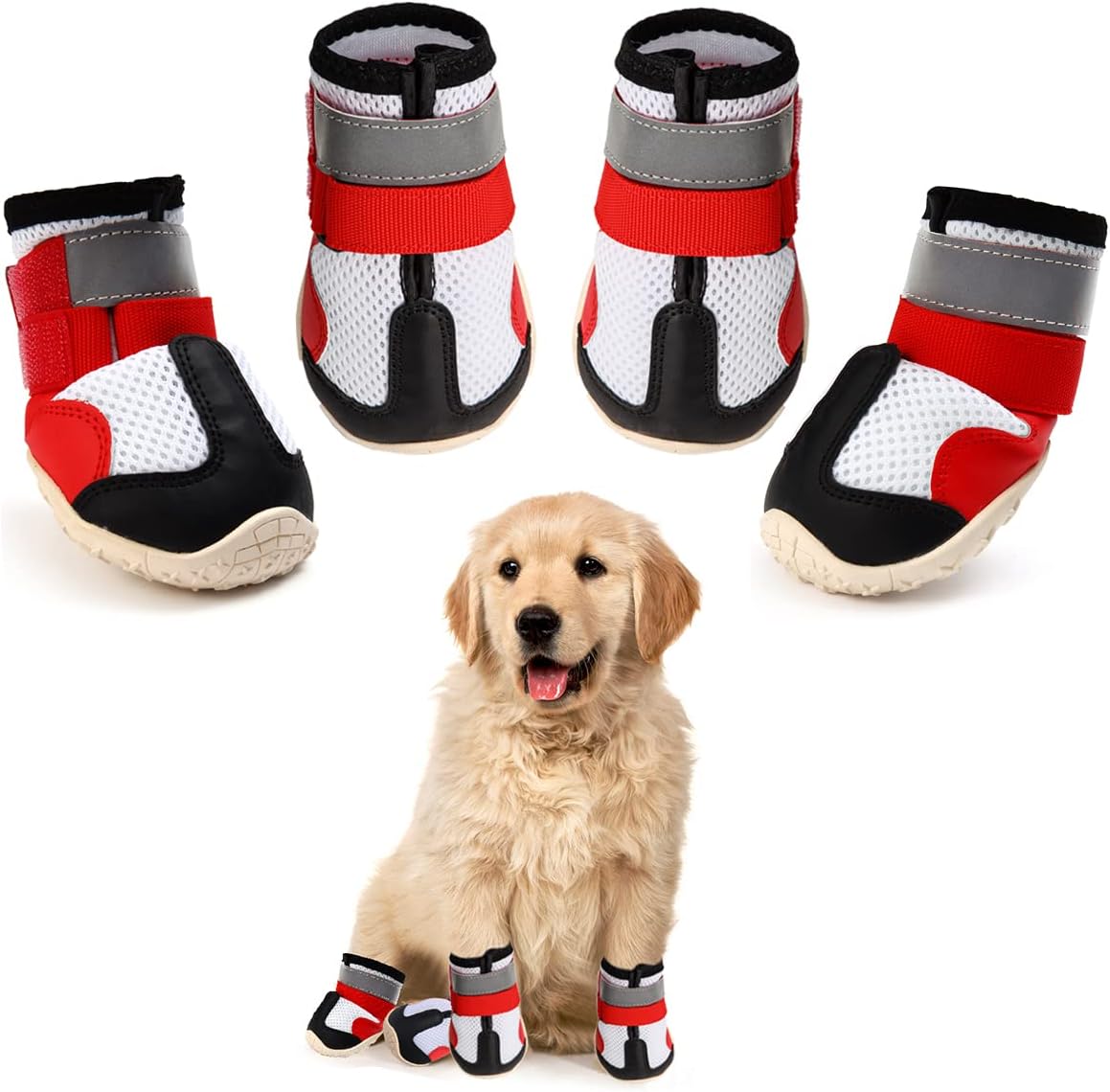 AQH Zapatos Perro, 4 Pcs Zapatos Respirable para Perros, con Banda Reflectante Suelas de Goma Antideslizantes Resistentes (1#)