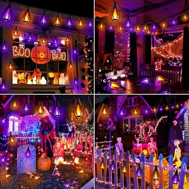 iBaycon Solar Halloween Lights, 27Ft 10 LED Bulbs Flickering Flame String Light, Outdoor Waterproof Solar Flame Lights for Garden Yard Patio Halloween Decorations (Warm White + Purple)