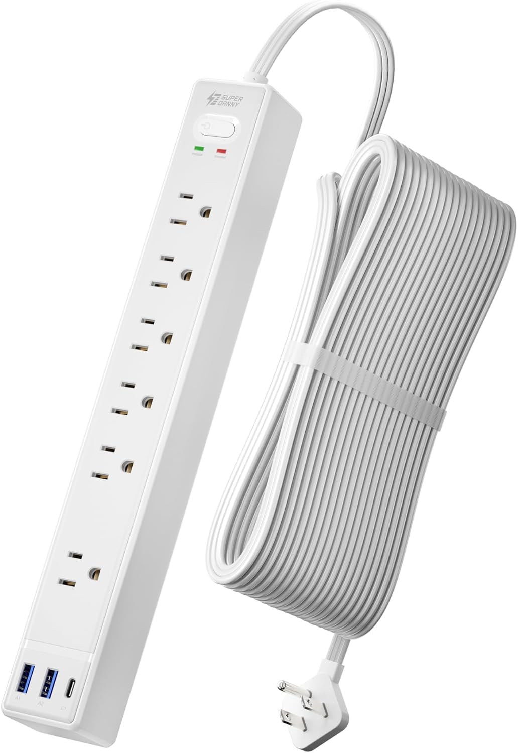 20Ft Long Extension Cord, SUPERDANNY Flat Plug Surge Protector Power Strip 20 Feet, 6 Outlets & 3 USB Ports, Wall Mountable Power Bar for Home Office, Dorm Room