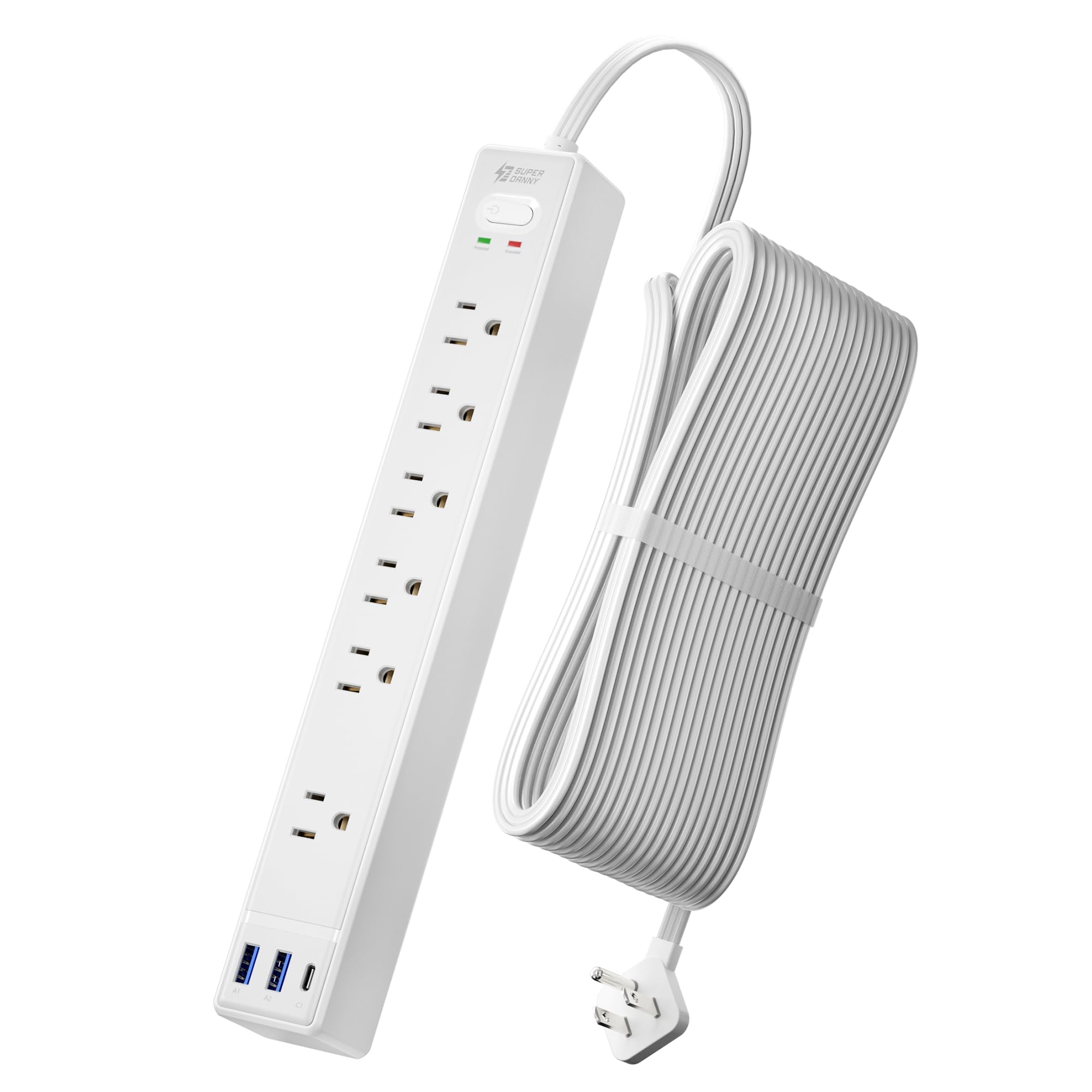 Photo 1 of 20Ft Long Extension Cord, SUPERDANNY Flat Plug Surge Protector Power Strip 20 Feet, 6 Outlets & 3 USB Ports, Wall Mountable Power Bar for Home Office, Dorm Room