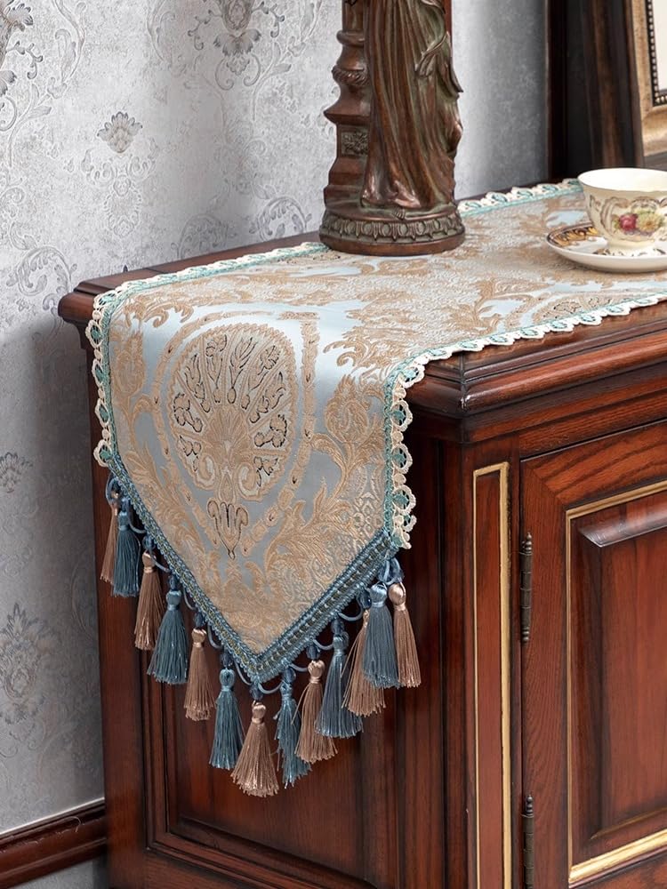Yicorgard Chemin de table brodé de luxe de 279,4 cm de long, design double couche de style vintage européen pour maison, salle à manger, cuisine, commode, décoration de fête (bleu, 33 x 279,4 cm)