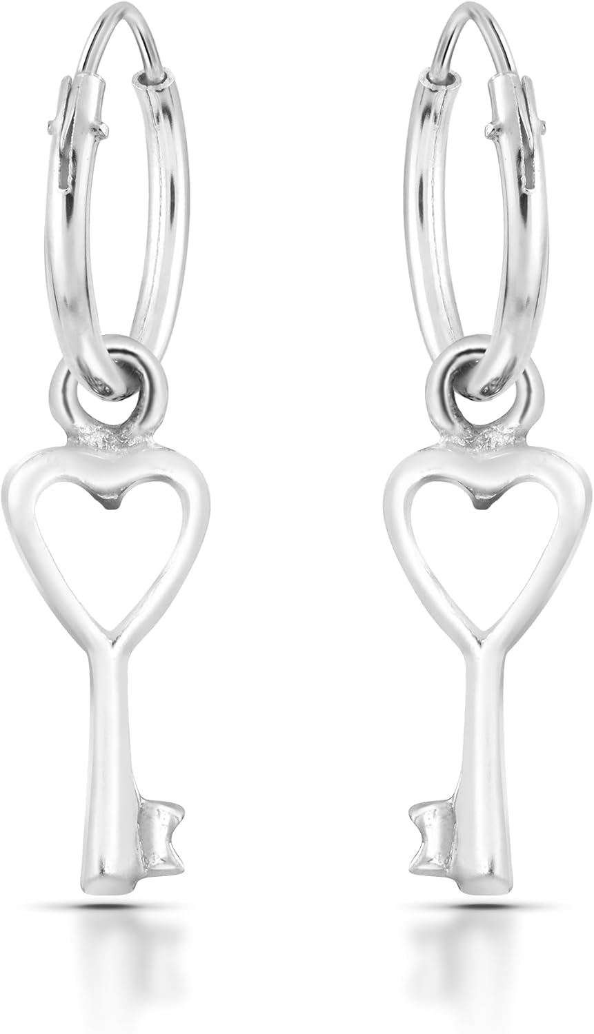 AeraVida 925 Sterling Silver Charm Hoop Dangle Earrings for Women, Crescent Moon, Shell, Heart Key, Seahorse Designs, High Polish Tarnish Resistant 6-8mm Small Fashion Hoops Jewelry Gift (Heart Key)