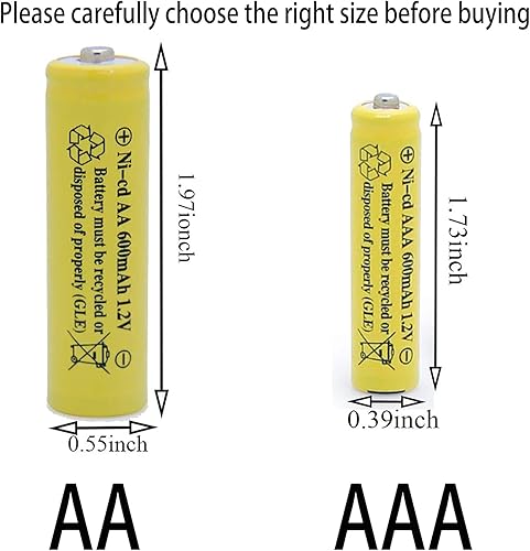 Miniatura 3 de AA - Batería recargable NICD de 600 mAh 1.2 V para luces solares al aire libre, luces de jardín, controles remotos, ratones amarillos (24 piezas)