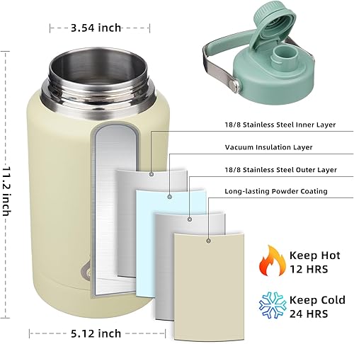 Miniatura 4 de BJPKPK Botellas de agua aisladas de 64 onzas, botella de agua de medio galón apta para lavavajillas, con mango de metal, tapa de boquilla sin BPA y