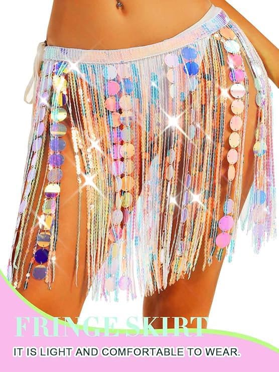 TWINKLEDE Sparkly Sequin Fringe Skirt Tassel Belly Dance Hip Scarf Rave Costume Skirts for Women - Image 2