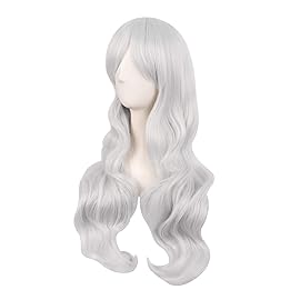 MapofBeauty 28 Inch/70cm Charming Women Side Bangs Long Curly Full Hair Synthetic Wig (Silver)