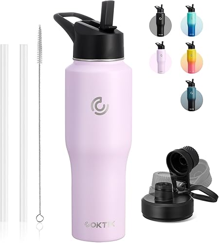 COKTIK Botella de agua aislada, botellas de agua de 32 onzas, tapa con popote, tapa de boquilla, fría durante 36 horas, caliente durante 18 horas,