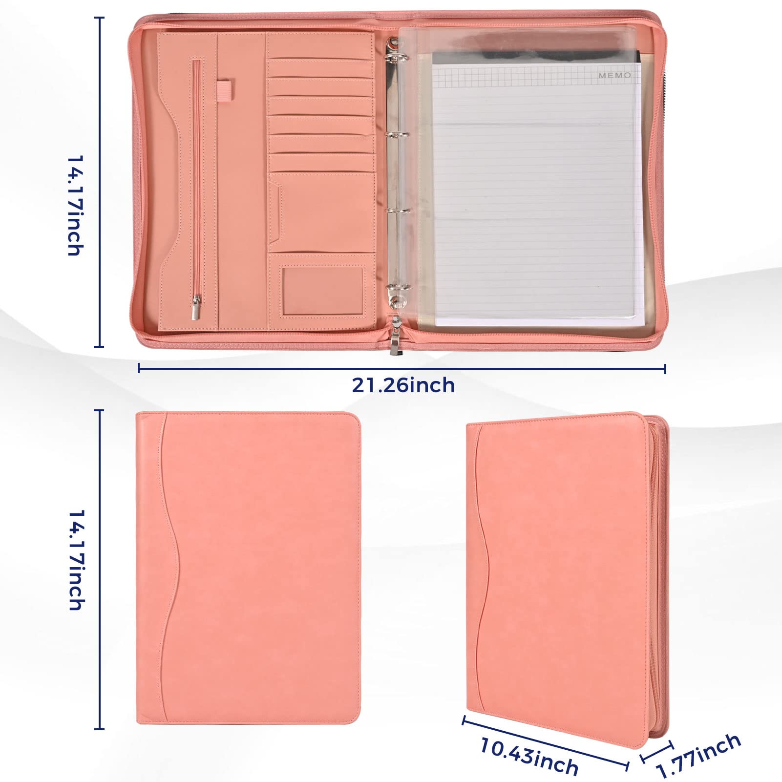 Porte-documents organiseur d'affaires et carnet de notes à anneaux amovibles, classeurs à fermeture éclair pour homme et femme (rose)