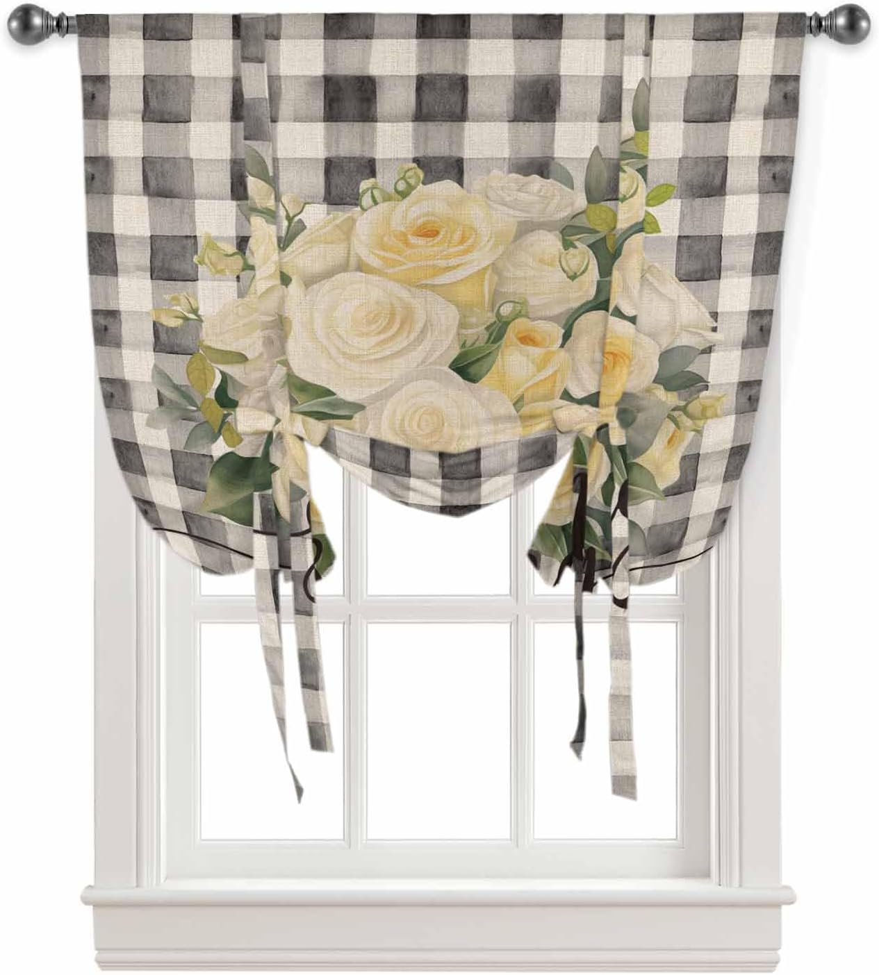 Tie Up Curtains for Windows Spring Plants Yellow Roses Valance Adjustable Balloon Curtain Black Grey Buffalo Plaid Tie Up Shades for Kitchen Living Room Bedroom Bathroom Rod Pocket Curtain Drape 42x63