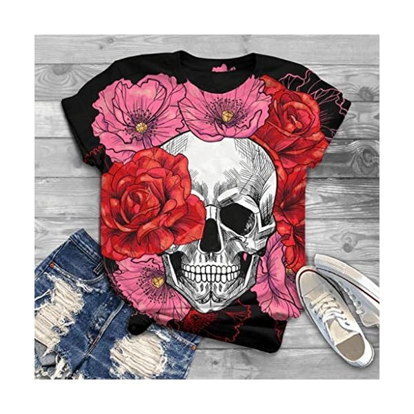 Female Plus Size Short Sleeve Pullover Summer Skull Printed O-Neck Tops Loose Comfy All Matched T-Shirt Blouse - Image 3