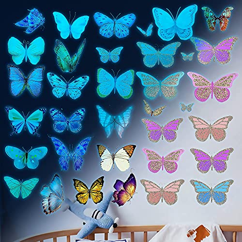 Glow Butterfly Wall Decor Stickers,58Pcs Luminous Butterfly Wall Decals Colorful Wall Art Butterfly Decor Diy Glow In The Dark Wall Decals For Kids Girls Bedroom Bathroom Decorations-Sky Blue #TOP4