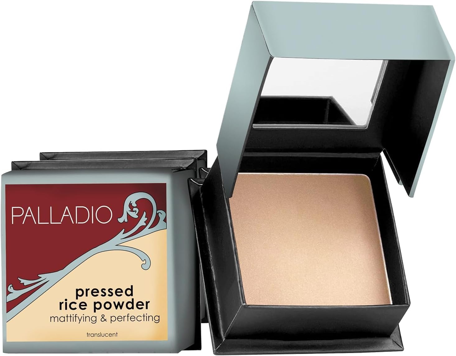 Palladio, Pressed Rice Powder with Mirror Mattifying Makeup Setting that Lasts All Day Instantly Absorbs Oil Works alone or with makeup, Translucent
