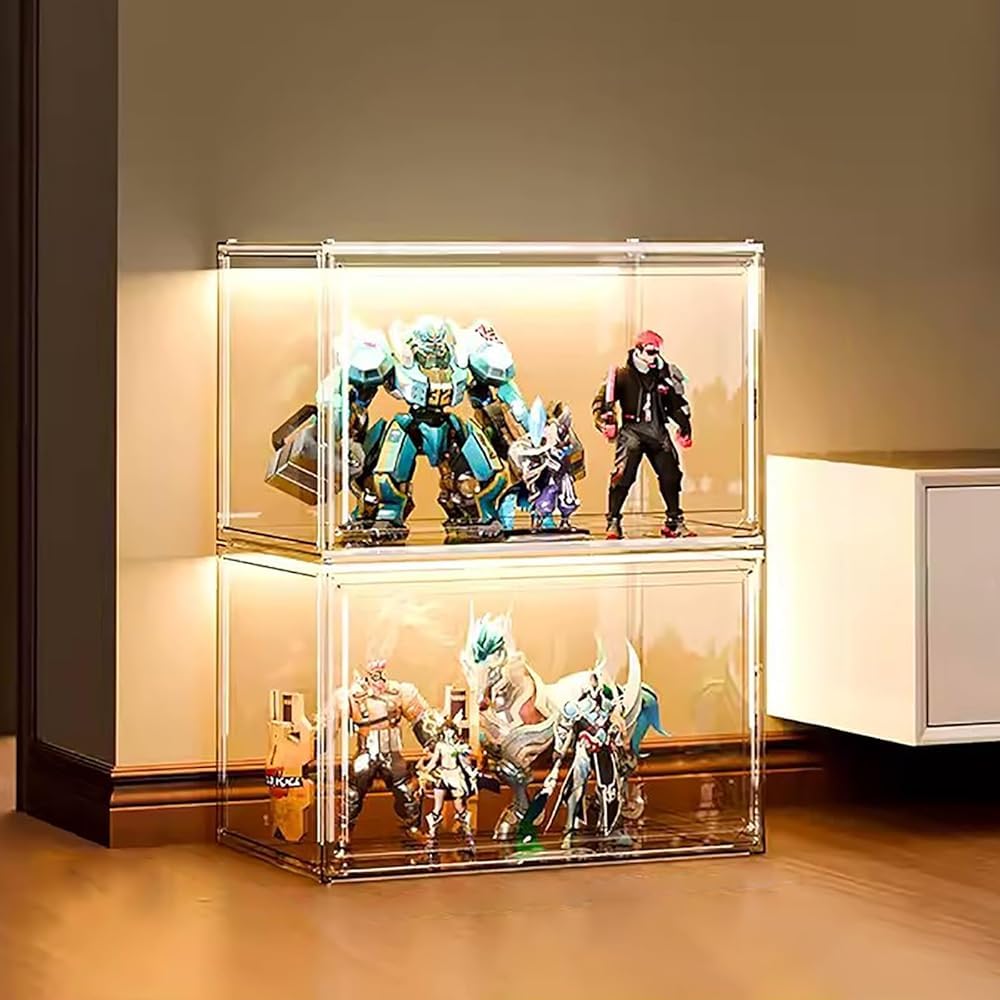 Vitrine Acrylique Avec Éclairage – Hauteur 10 à 60 Cm – Anti-poussière – Présentoir Collection – Meuble Rangement – USB