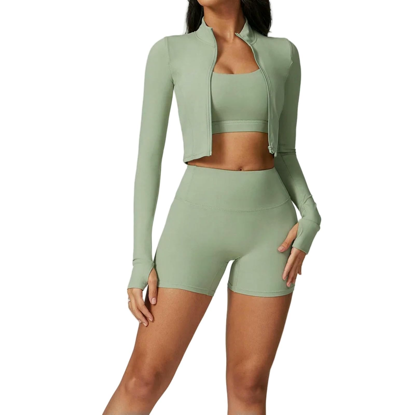 Shapewear 3-częściowy zestaw szortów do jogi dla kobiet ubrania na siłownię biustonosz fitness kurtka z długim rękawem legginsy z wysokim stanem odporne na wstrząsy - zielony 1-XL, Zielony 1