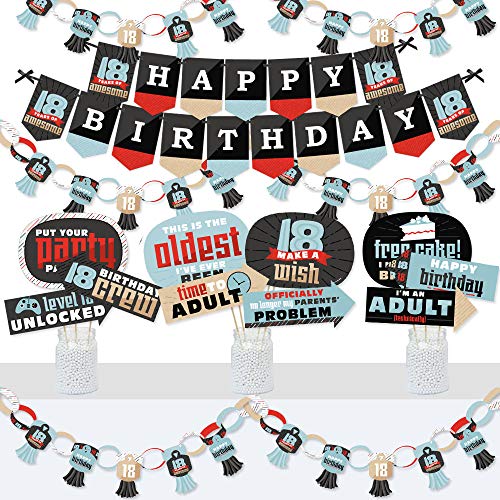 Big Dot of Happiness Boy 18th Birthday - Banner and Photo Booth Decorations - Eighteenth Birthday Party Supplies Kit - Doterrific Bundle