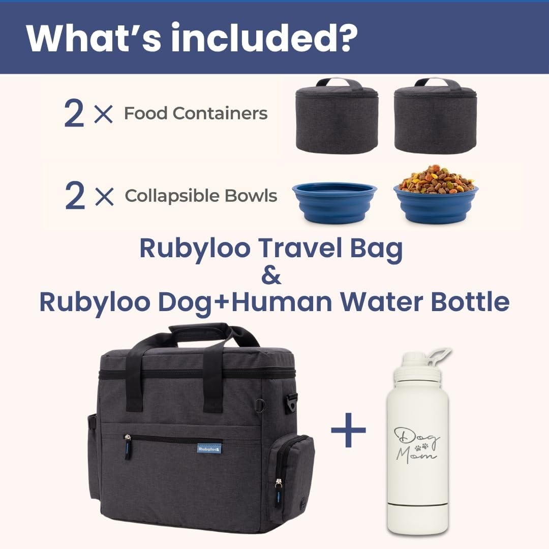 Rubyloo Original Doggy Bag (Charcoal) & 32 oz Insulated Water Bottle with Attached 8 oz Bowl (Dog Mom) – Dog Travel Bag & Hydration Set
