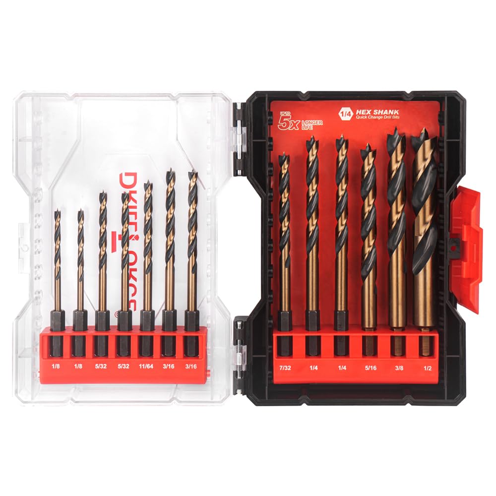 VALYRIANTOOL 13PCS HSS Brad Point Wood Drill Bits Set for Carpenter Woodworking, 1/4" Hex Shank Black Gold for Hardwood, Plywood, Plastic 1/8"-1/2"
