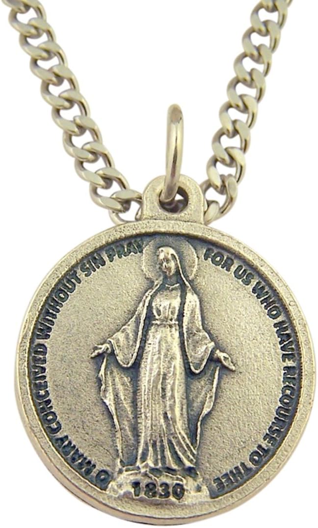 Catholic Saint CharmsSilver Tone Our Lady of Grace Medal on Chain, 3/4 Inch