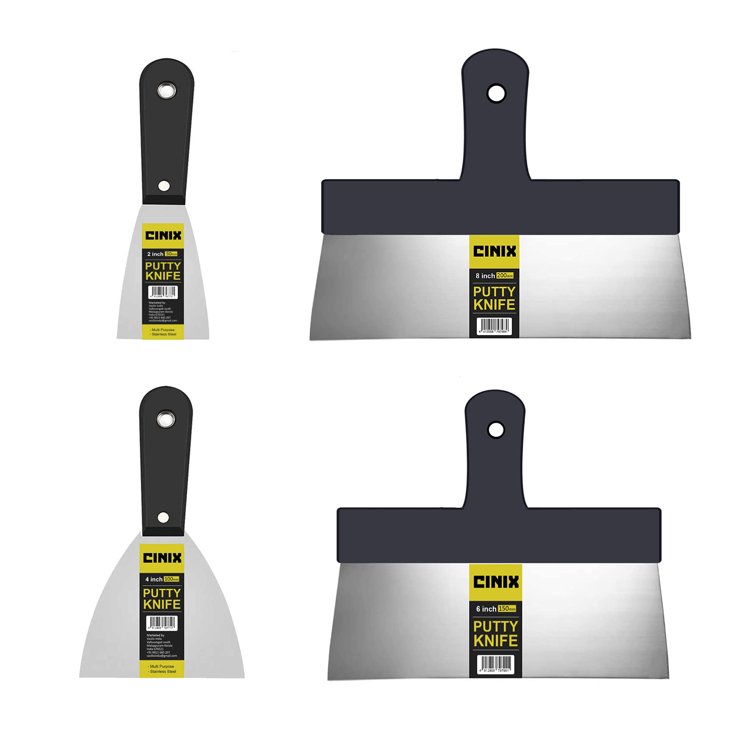 Cinix 2” 3” 4” 6" 8" 10"Scrapper Set Steel Blades Putty Filler Plaster Drywall Decorate Flexible Tapping Putty Cleaning Filling Knife (4, 2” 4” 6” 8”)