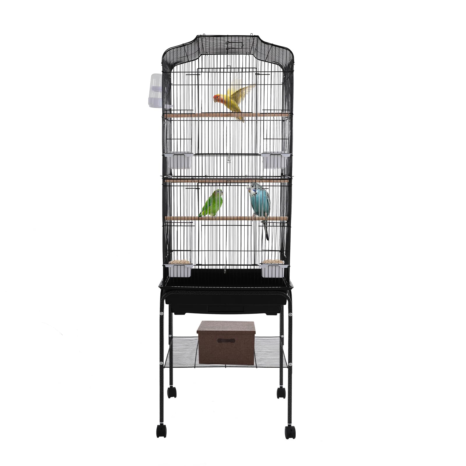Jaula para pájaros de metal sobre pie, pajarera sobre ruedas, bandeja extraíble, bebedero y cuencos incluidos, 3 perchas, 47 × 37 × 137,5 cm, para calopsitas e inseparables (negro)