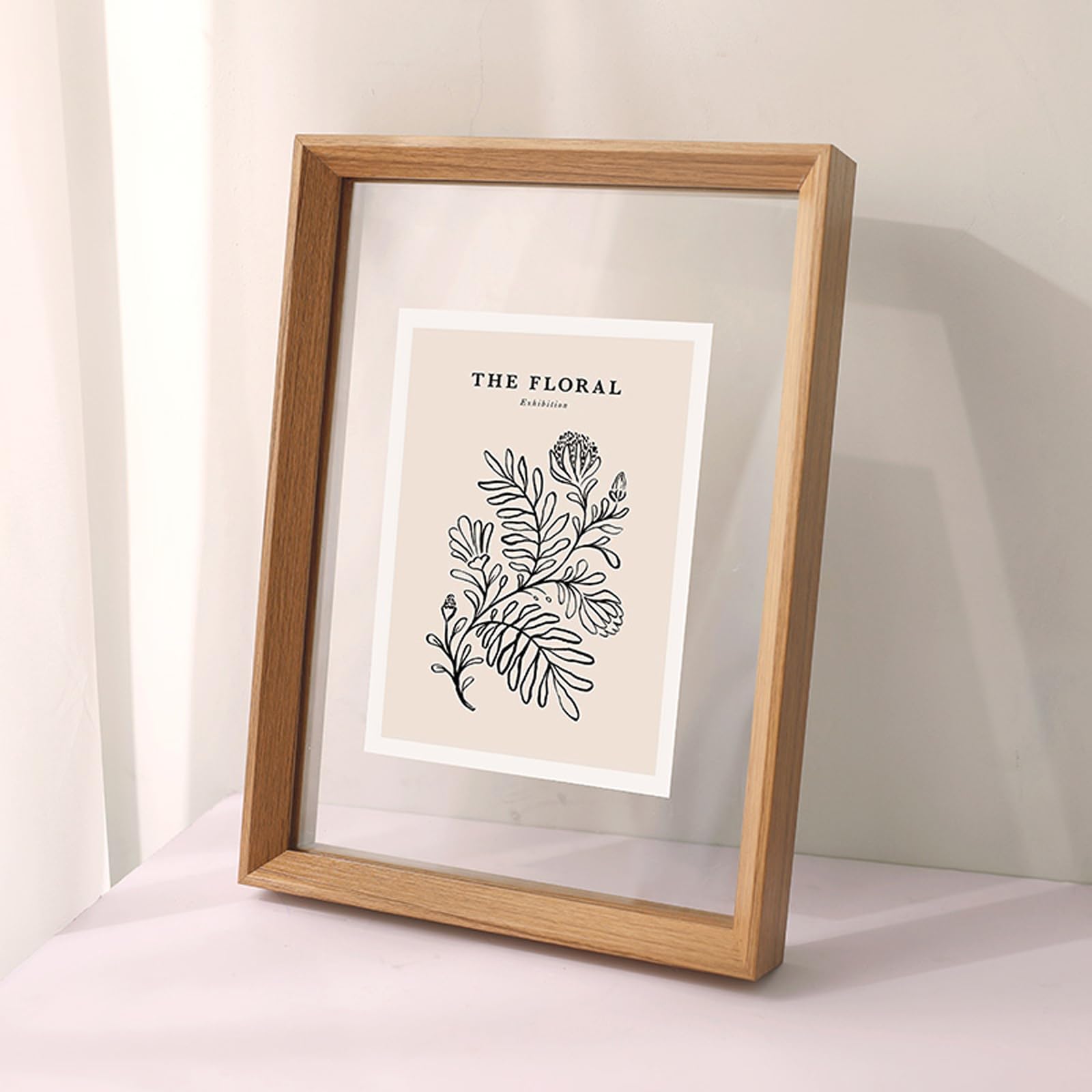 a4 frame, Floating Double Glass Pic Frame For Postcards And Pressed Flowers Wood Color(Wood Grain,A4)