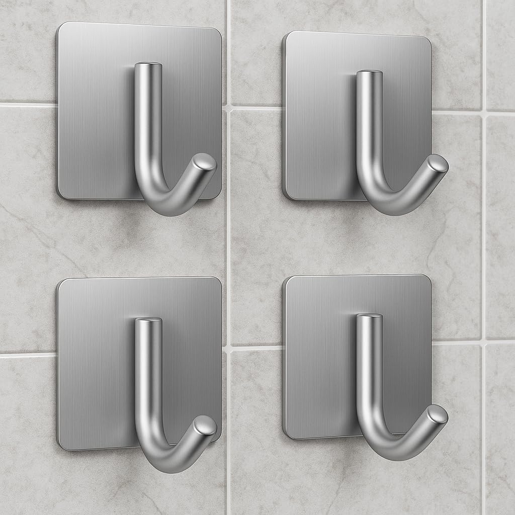 JIALTO 4 Pcs Self-Adhesive Stainless Steel Hooks Heavy-Duty Wall Hangings, Waterproof & Drill-Free - Strong Towel, Coat and Kitchen Hooks for Bathroom and Kitchen (Joint J Hook Silver)