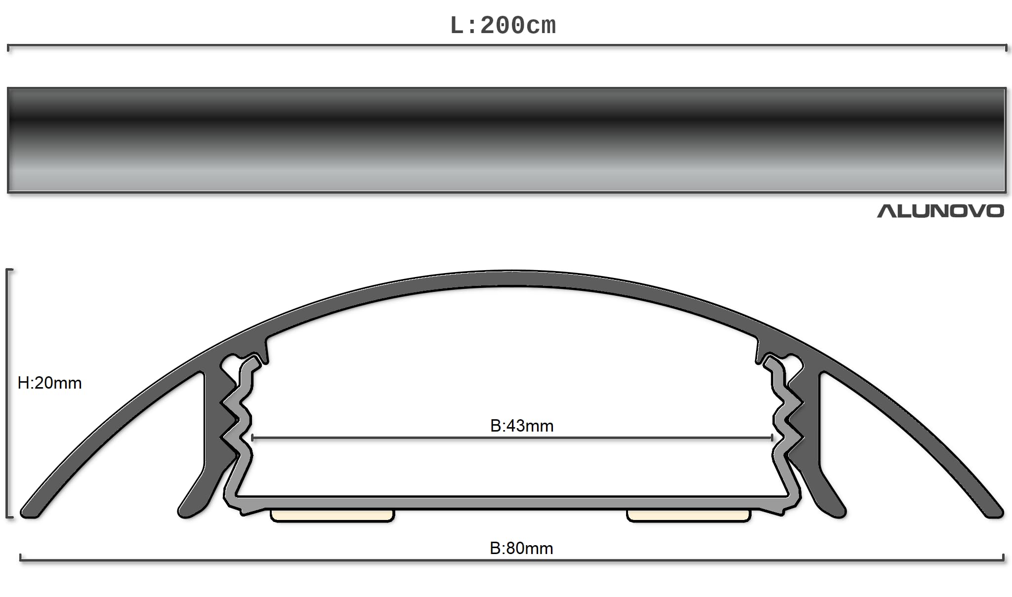 ALUNOVO Canalina per cavi in alluminio spazzolato, lunghezza: 200 cm, larghezza: 8 cm, altezza: 2,1 cm, canalina per cavi, canale di installazione, montaggio a vite o con adesivo, per interni ed