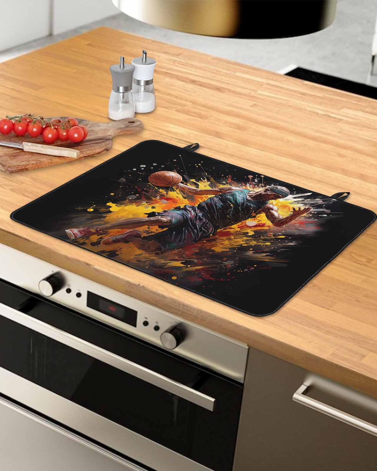 Stove Cover for Electric Stove, Sports Theme Watercolor Athletes Play Basketball Stove Top Cover for Glass Top, Heat Rubber Mat Foldable Cooktop Cover Top Protector, 31