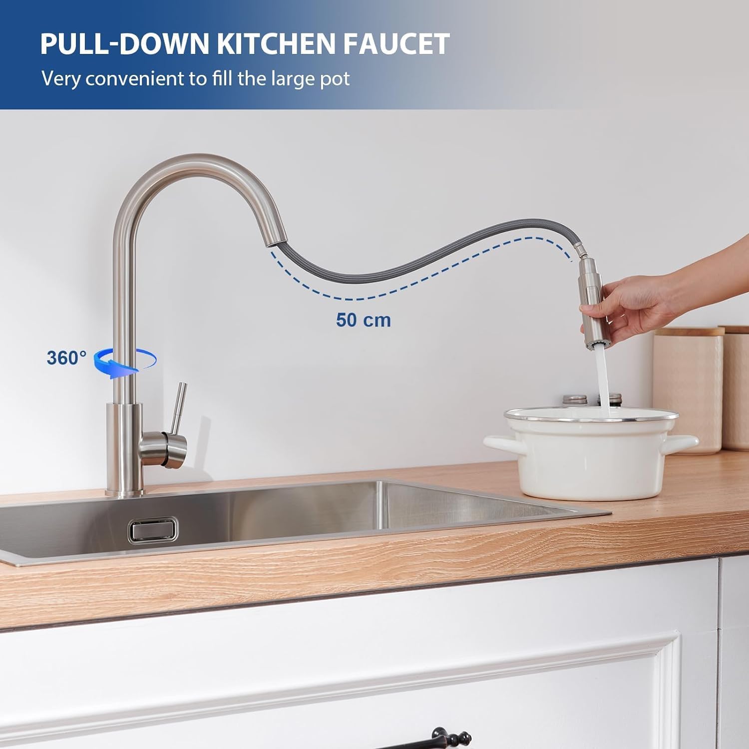 Lonheo Grifo Cocina Extraible, Grifos Cocina Fregadero con 2 Modos de Flujo de Agua, Grifo de Cocina Alto con Caño Giratorio a 360°, Torneira Cozinha Monomando de acero inoxidable