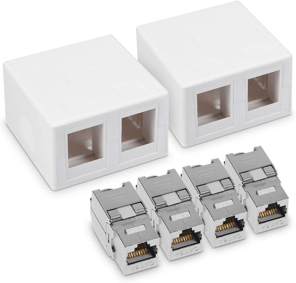 kwmobile 2X RJ45 Network Socket (2 Port) Kit - Shielded Surface Mounted Double Wall Socket with CAT6A Ethernet LAN Cable Port and 4X Keystone Module
