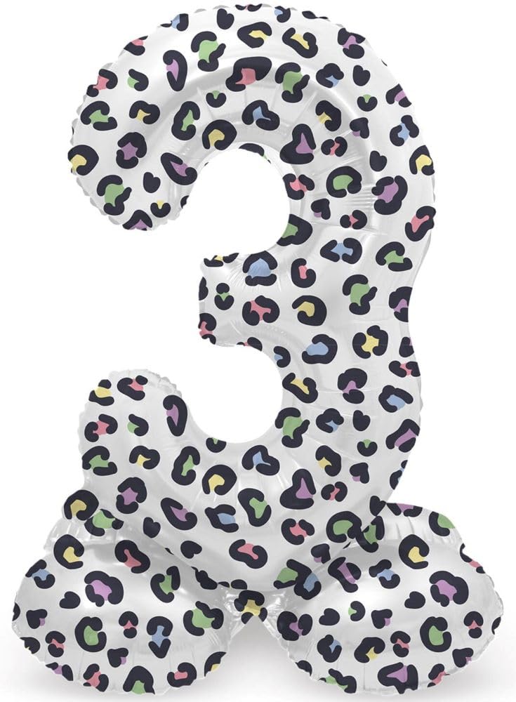 Folat 64743 Birthday Balloon Standing Number 3 Bright Panther White 41 cm - Decoration Birthday Decoration, Balloon Number, No Helium Required