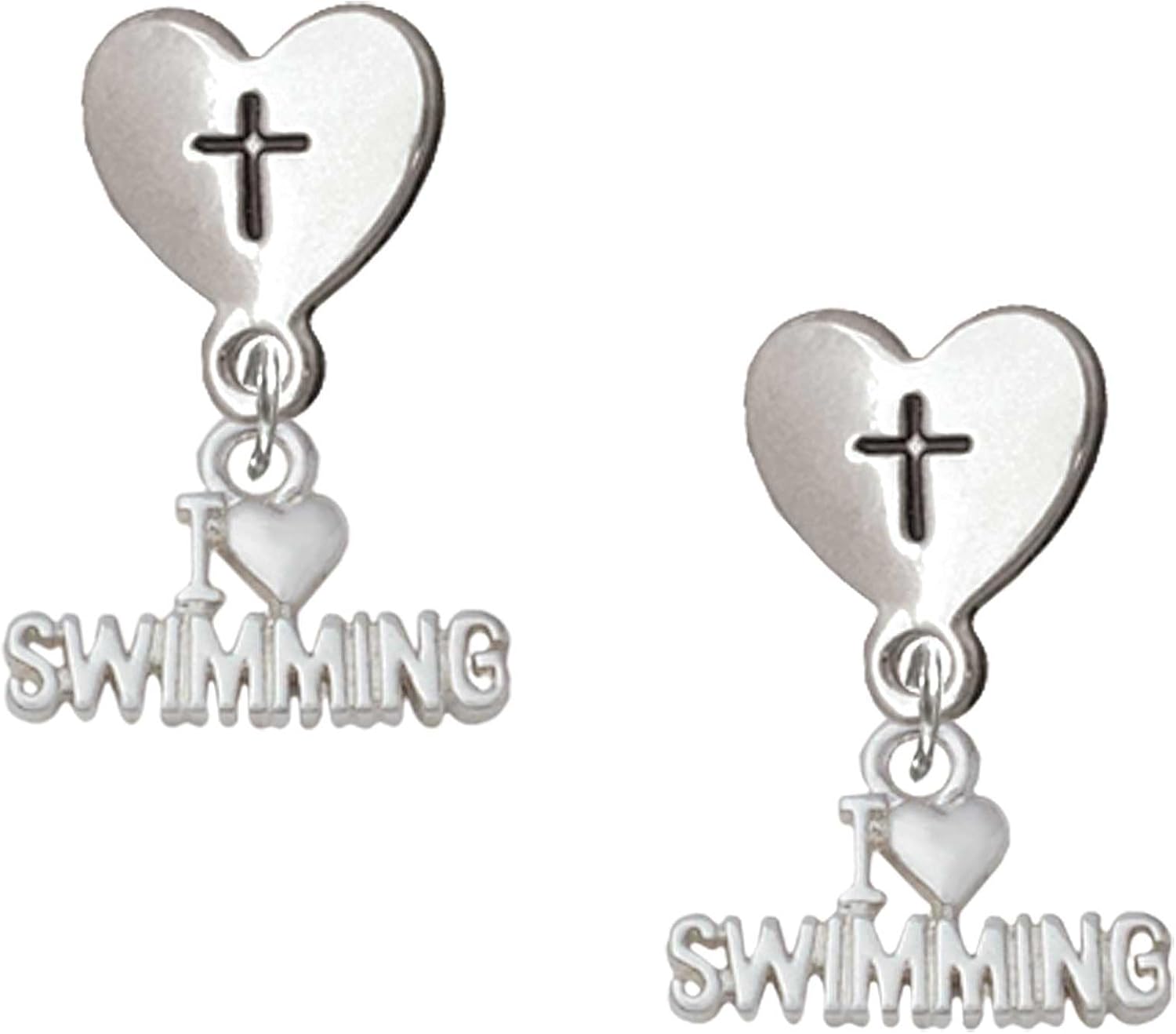 Delight Jewelry I Heart Swimming Silvertone Cross in Heart Post Dangle Earrings