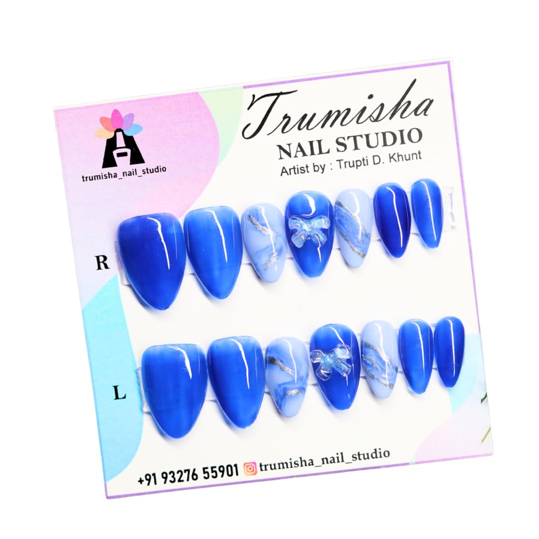 DECSTY Handcrafted Blue Marble Glossy Press-On Nails Acrylic Fake Reusable False Artifical Nails-image-14
