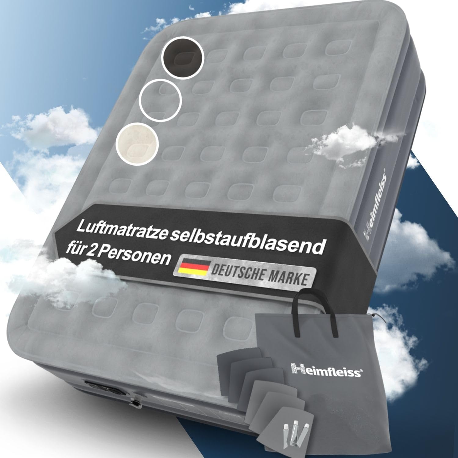 Heimfleiss® Luftmatratze Selbstaufblasend 150x200 cm Premium Luftbett 2 Personen Camping Gästebett mit Pumpe