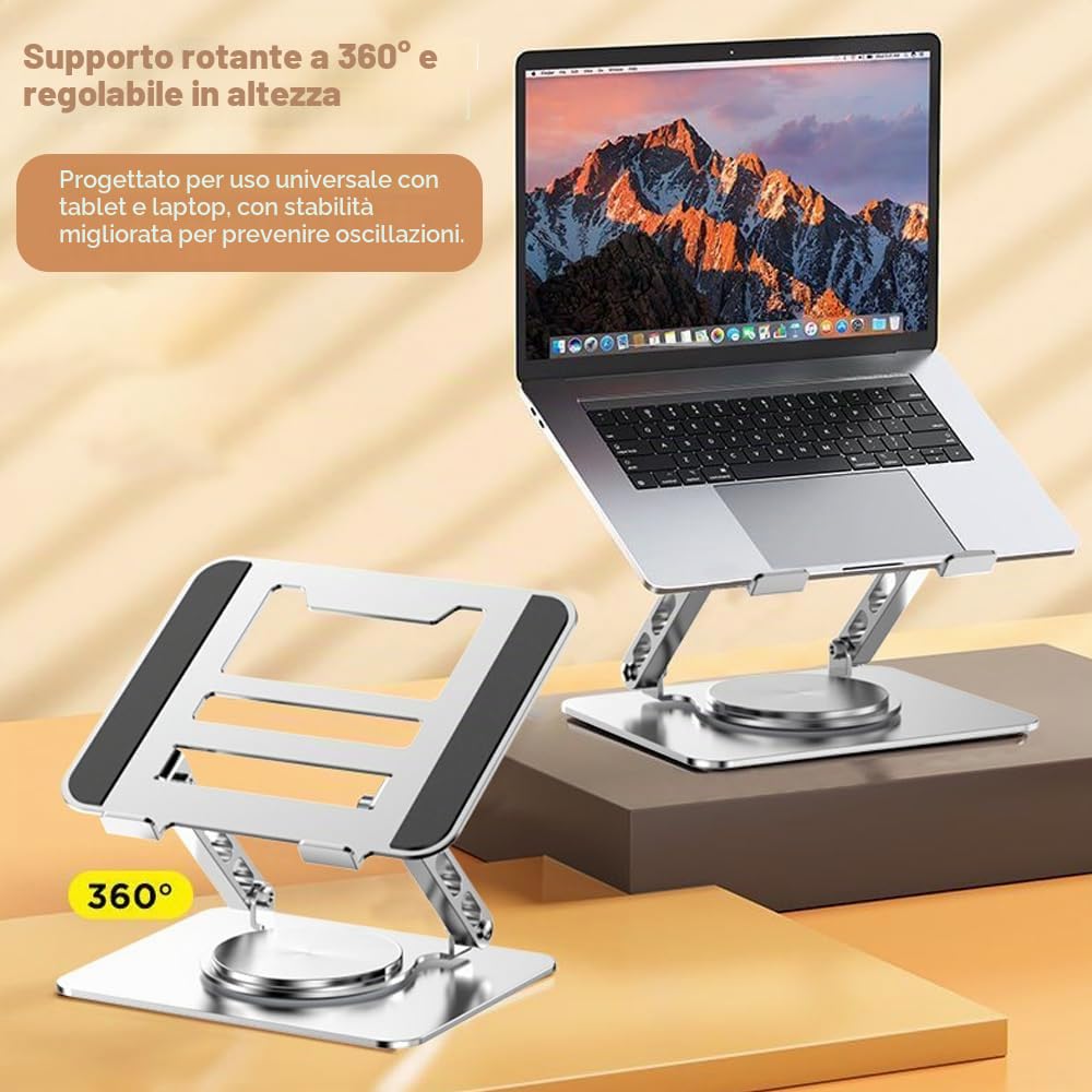 360° Supporto PC Portatile Pieghevole Ergonomico da Scrivania, Porta Laptop Stand Ergonomico Compatibile con Portatili e Tablet da 10"-17.3", Argent