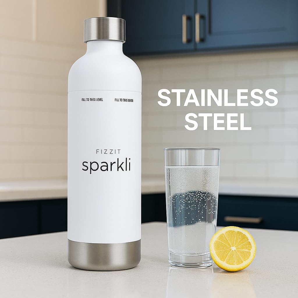 Stainless Sparkli Soda Maker with 2 Stainless Steel Bottles – White, Dishwasher Safe