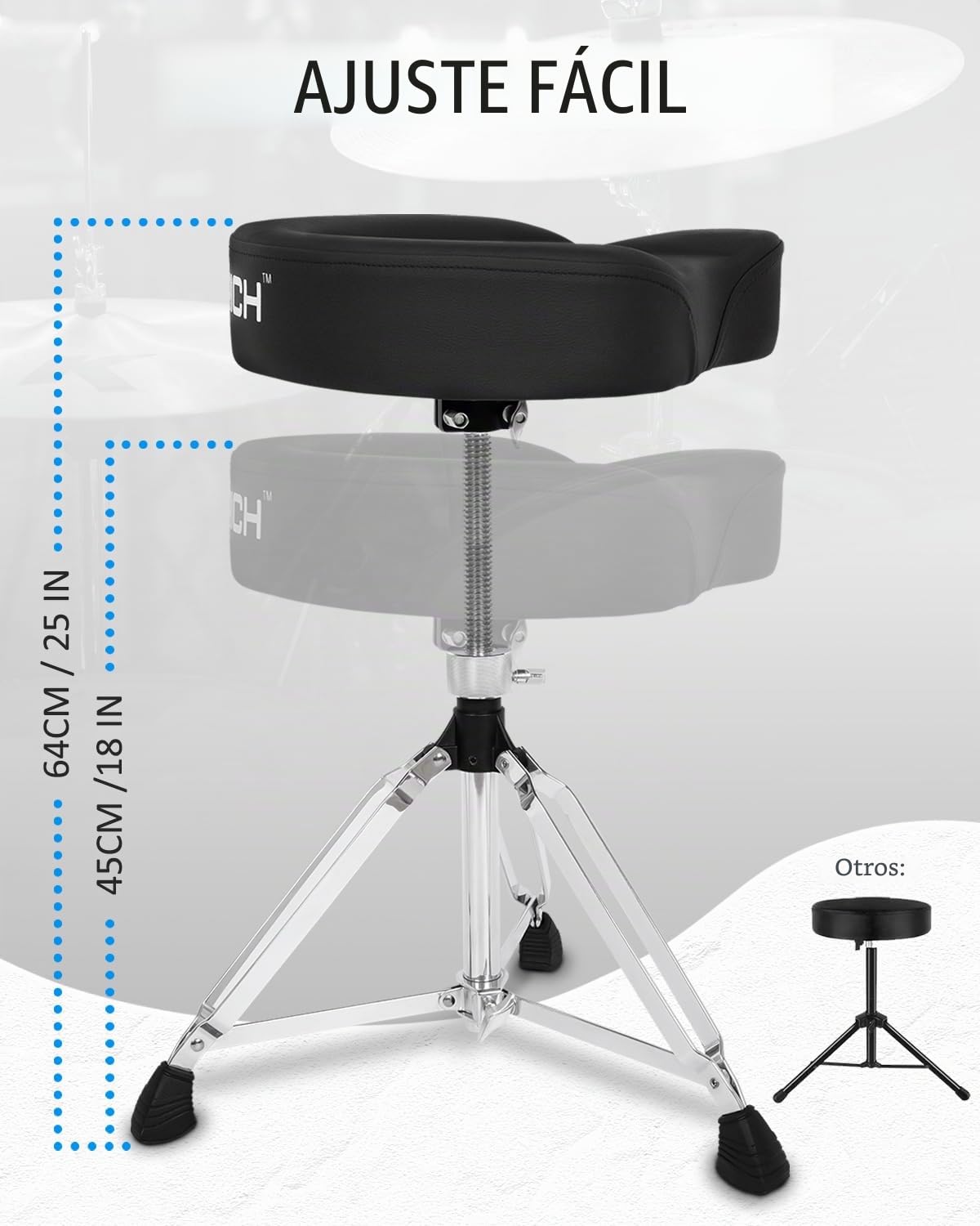 STRICH Saddle Drum Throne Seat SDB-30 - Taburete giratorio y acolchado ajustable para guitarra, silla de tambor ampliada estilo motocicleta resistente